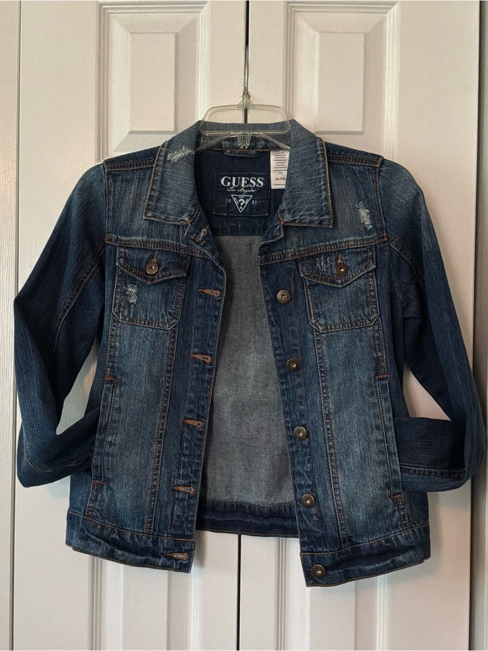 VTG Guess Los Angeles USA 1981 Distressed Denim Jacket Youth XL (16) XS Petite